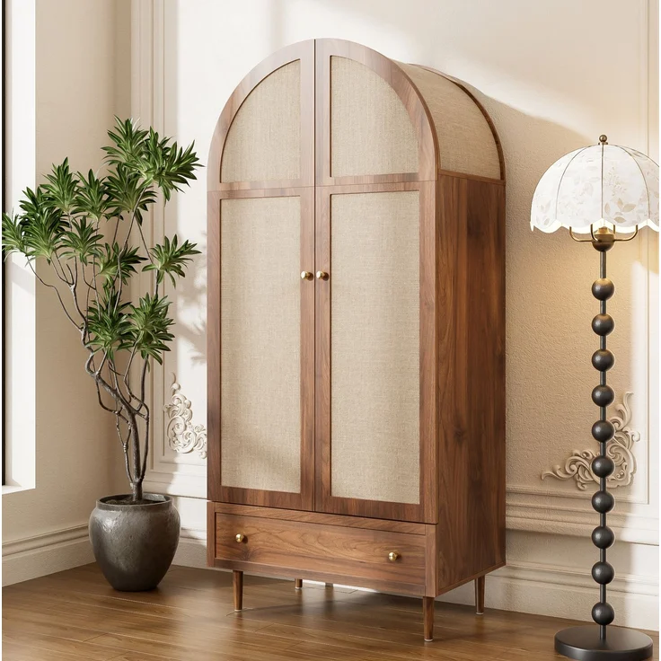 DESVIAE Garderobenschrank mit Stofftüren und Schublade 79x175x50 cm aus MDF in Holzfarbe – Bild 2