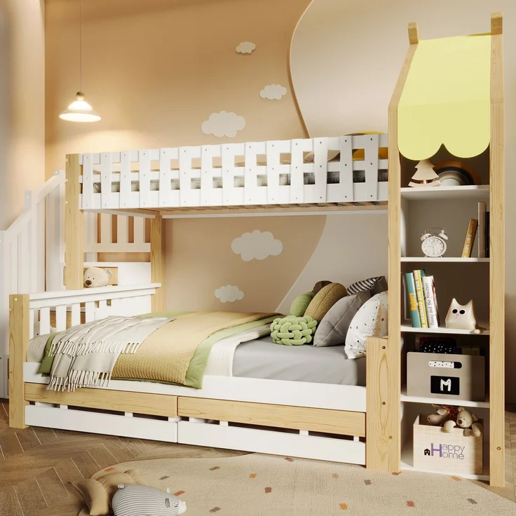 Etagenbett 90x200 cm + 140x200 cm mit Hausdach-Design, Sicherheitsgeländer, Stauraumleiter, offenen Fächern & 2 Schubladen – Bild 3