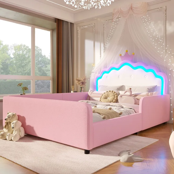 Polsterbett, 140x190 cm, Ohne Matratze, Mit LED-Lichtleiste, Prinzessinnenbett in Kronenform, Sicherheitsgitter, PU, Rosa