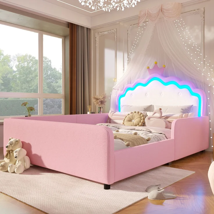 Polsterbett, 140x190 cm, Ohne Matratze, Mit LED-Lichtleiste, Prinzessinnenbett in Kronenform, Sicherheitsgitter, PU, Rosa – Bild 1