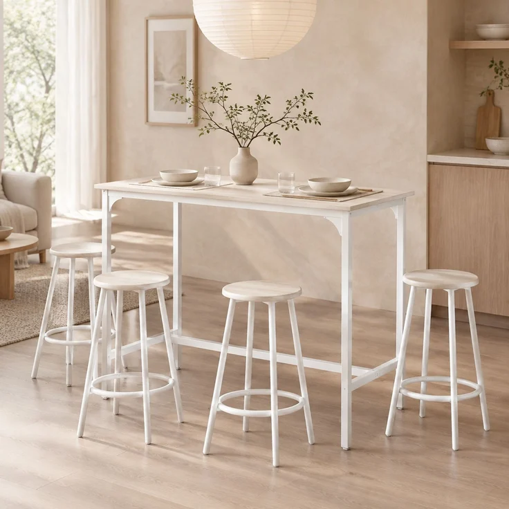 Bartisch-Set 110 x 50 x 89,5 cm mit 4 Hockern – platzsparend, Eiche-Optik und weißes Metallgestell – Bild 2