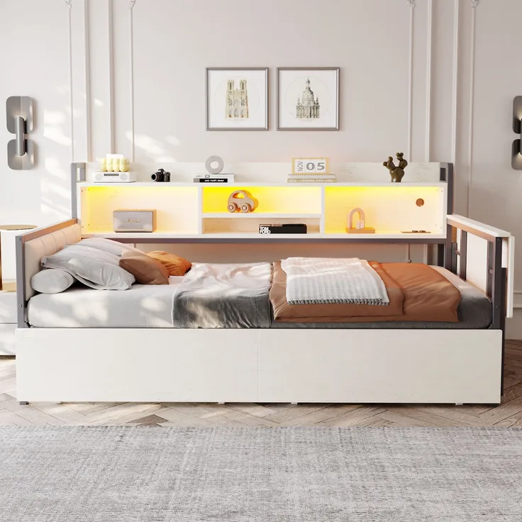Bett 90x200 cm mit Stauraum und LED-Beleuchtung – Einzelbett aus Metall mit ausziehbarem Schreibtisch