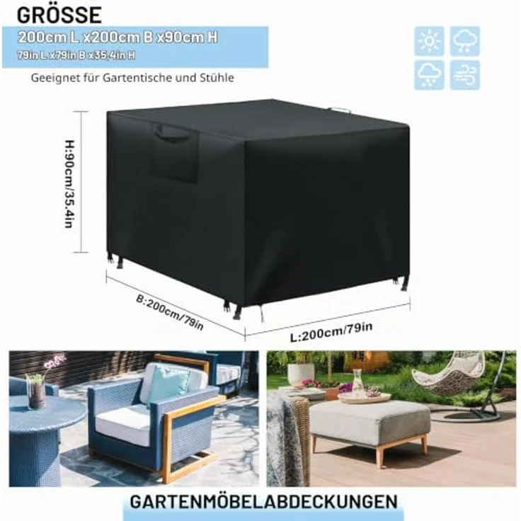 WUAYAMI Gartenmöbel Abdeckung, wasserdichte Abdeckplane aus 420D Oxford-Gewebe, winddicht und UV-beständig, Schwarz, 200x200x90cm – Bild 3