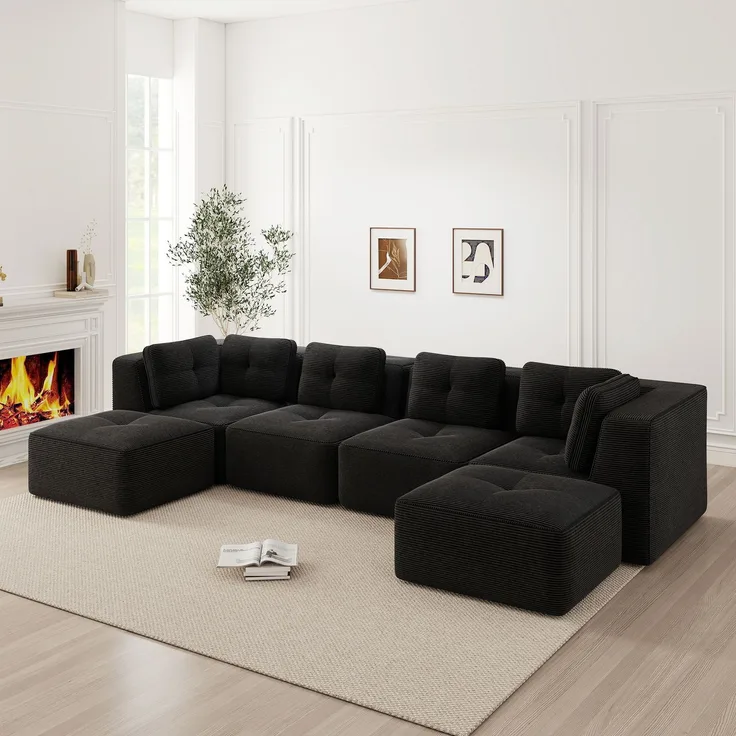 EINHOM Modulares Wohnzimmersofa ohne Gestell, modulares Ecksofa, U-förmiges Sofa mit Ottomane, tiefes Schlafsofa, rutschfestes Design, keine Montage erforderlich, Schwarz