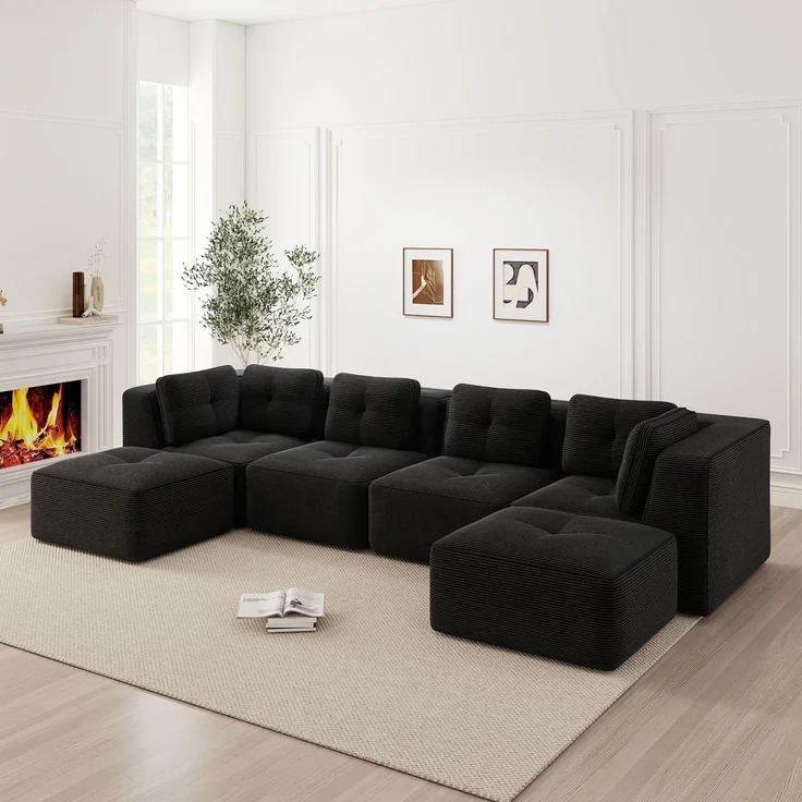 EINHOM Modulares Wohnzimmersofa ohne Gestell, modulares Ecksofa, U-förmiges Sofa mit Ottomane, tiefes Schlafsofa, rutschfestes Design, keine Montage erforderlich, Schwarz – Bild 1
