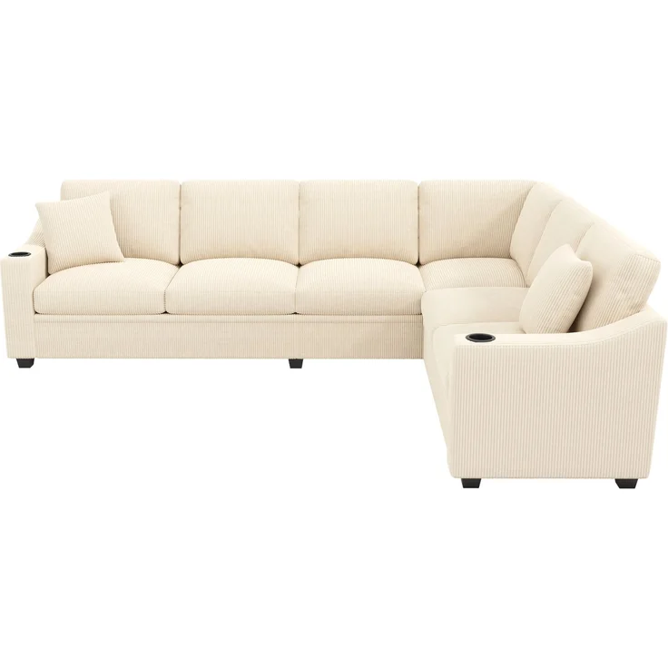 Ecksofa 277x215x85 cm in Beige mit Cordbezug, USB-Anschluss und Getränkehaltern – Bild 7