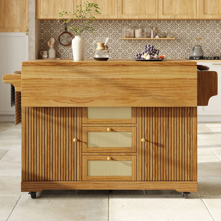 Küchenwagen mit Klappplatten, B 142,5 x T 80 x H 95 cm, MDF und PE-Rattan, erweiterbar – Bild 3