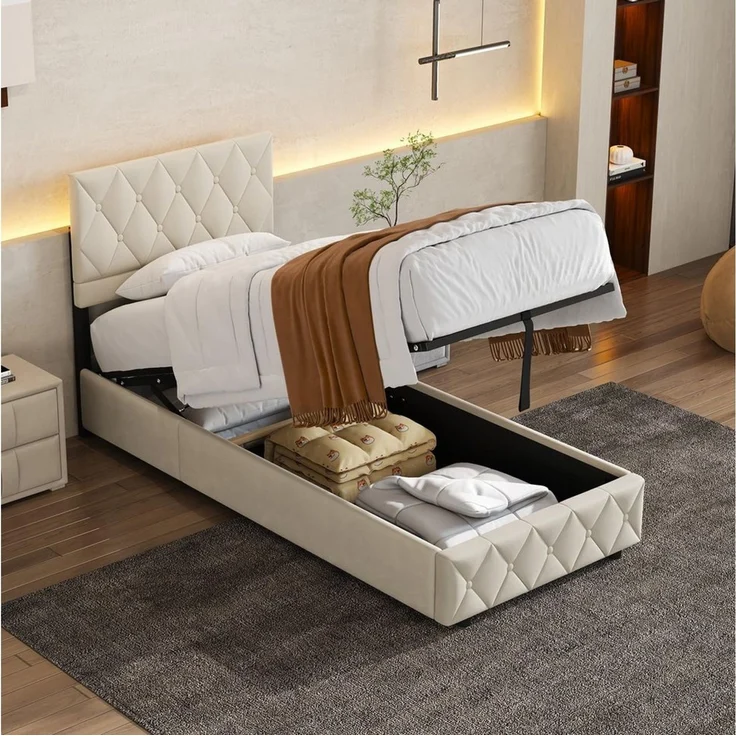 HAUSS SPOLE Polsterbett 90×200 mit Bettkasten Funktionsbett Stauraumbett mit matratze,beige – Bild 5