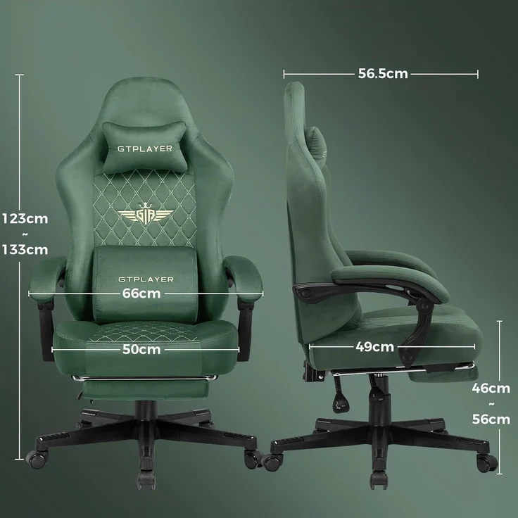 GTPLAYER Gaming Stuhl Stoff Gaming Chair Ergonomisch Bürostuh PC Stuhl, 150kg Belastbarkeit, Verstellbarer und Drehbarer Schreibtischstuh mit Federsitzkissen und Fußstütze, grün – Bild 8