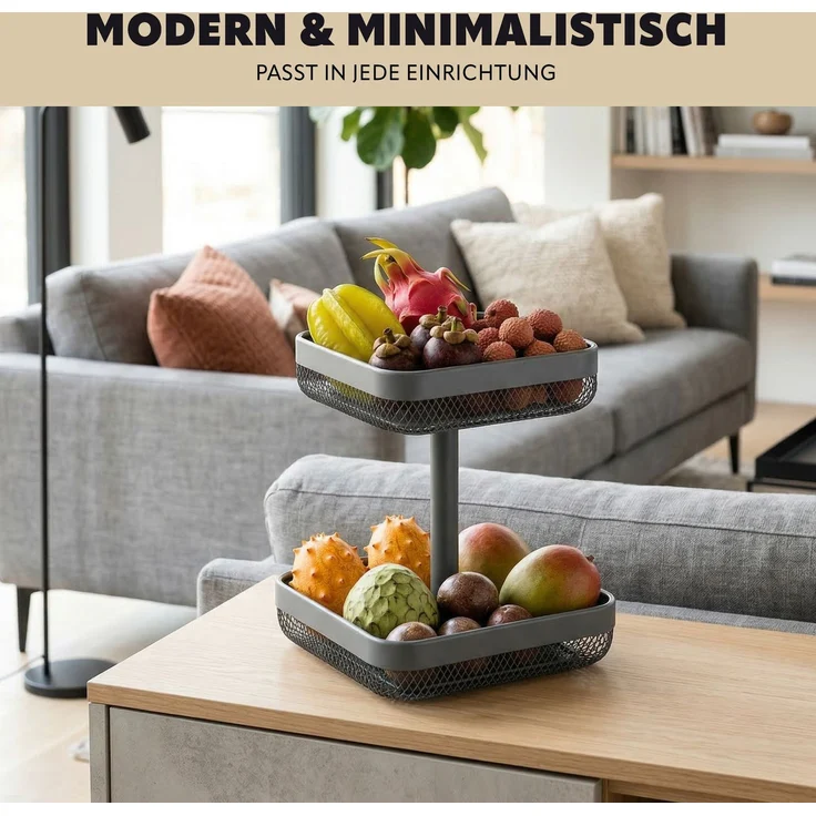eluno 2-stöckige eckige Obstetagere / Brotkorb, Obstschale, Obstkorb, Metall, grau, 20 x 20 cm und 25 x 25 cm – Bild 3