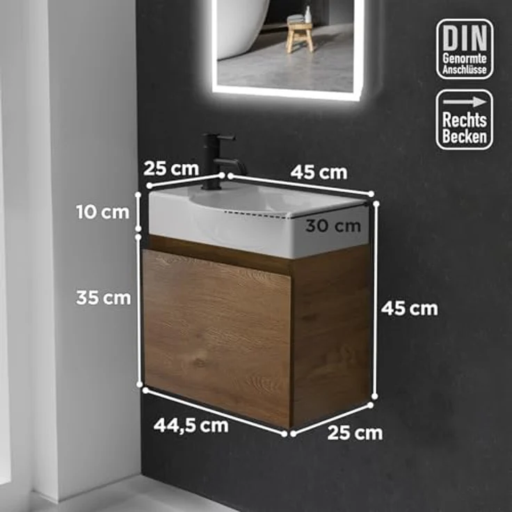 Alpenberger Badmöbel-Set - Gäste WC Waschbecken mit Unterschrank 45 cm Breit, (Badschrank 2-tlg, Waschtisch hängend), Waschbeckenunterschrank mit Softclose - Farbe Eiche - Rechts Becken – Bild 7