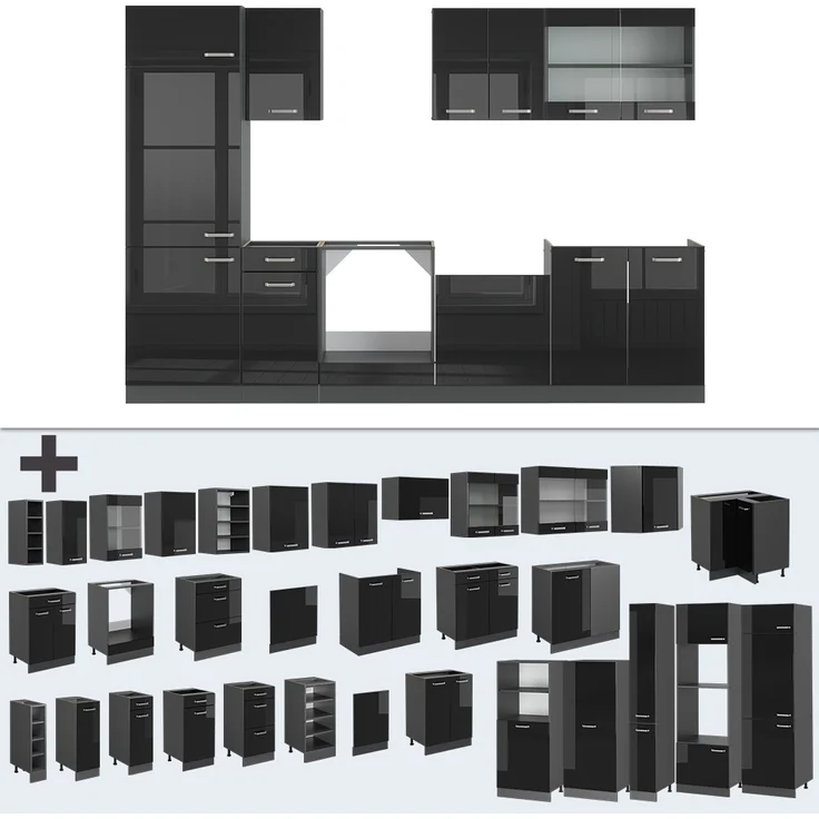 Küchenzeile R-Line Schwarz Hochglanz/Anthrazit 300 cm ohne Arbeitsplatte Vicco – Bild 6