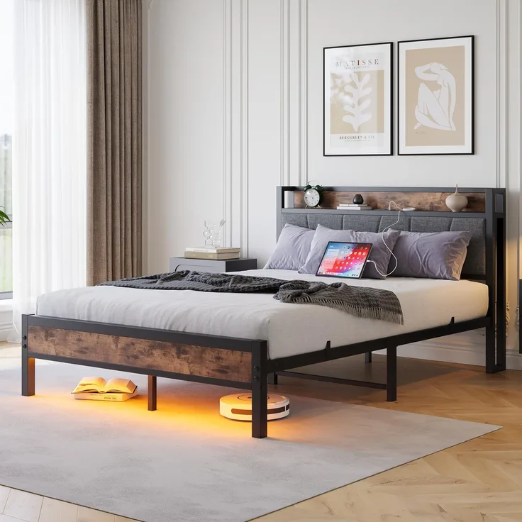 Ball & Cast Metallbett (140x200 cm) mit Beleuchtung und USB, Braun