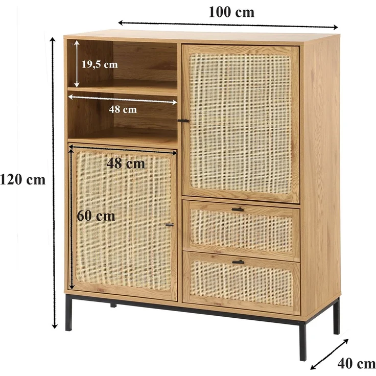 Casâme 'JAYA' Hohe Buffetschrank mit Rattanfronten - L100 x H120 cm - Helles Holz – Bild 7