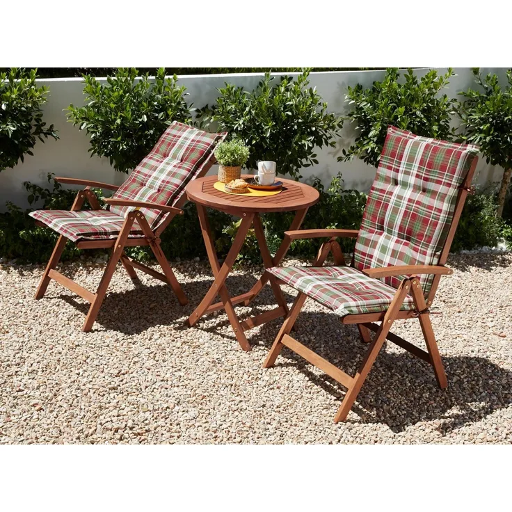 Borkum Gartenmöbel Set 5tlg, 2 Klappsessel, 2 Auflagen, Klapptisch Ø 65 cm, Eukalyptus