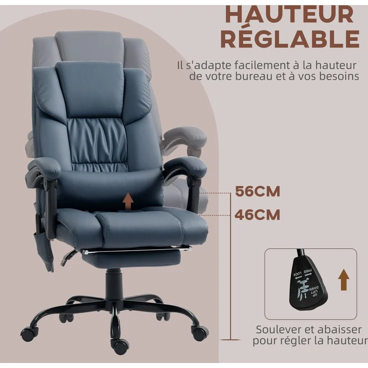 Massage-Bürostuhl, Fußstütze, höhenverstellbar, neigbare Rückenlehne, kabelgebundene Fernbedienung, 66 x 75 x 122 cm, blau – Bild 6