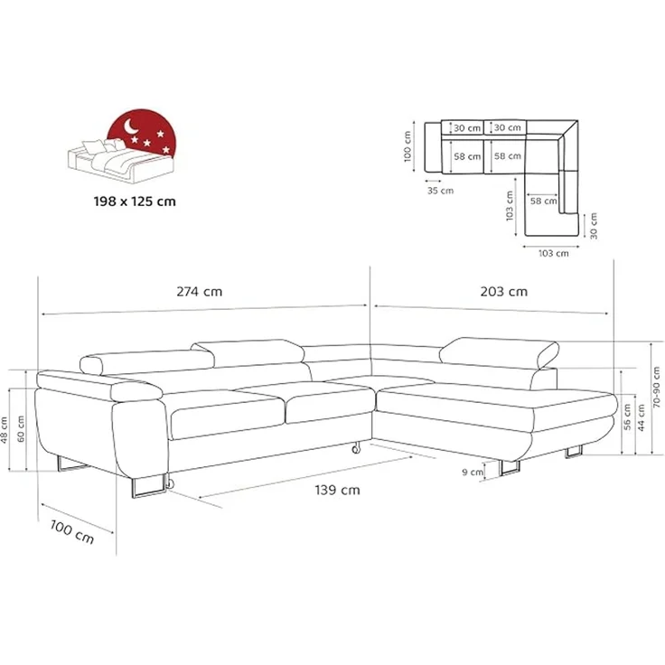 Idohome Ecksofa mit Schlaffunktion und Bettkasten, Verstellbare Kopfstützen, Stoff Monolith, mit Schlaffunktion und Bettkasten, Ausrichtung links, Gesteppte Oberfläche, Creme, 274x203 cm – Bild 3