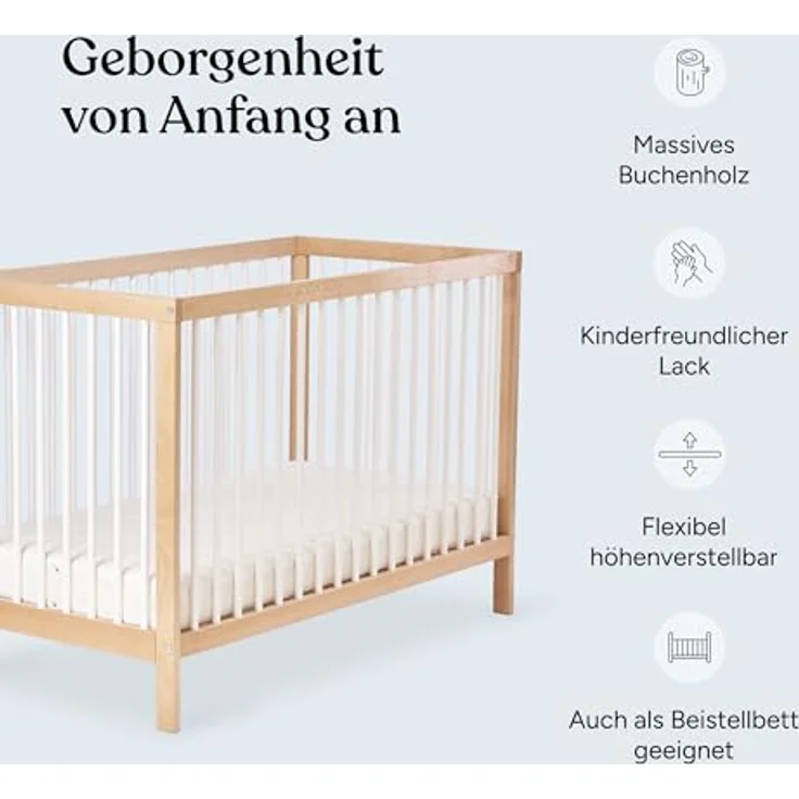 Ehrenkind® Babybett PUR 120x60 aus Buchenholz | Natur | Kinderbett 9-Fach höhenverstellbar mit entnehmbaren Stangen | Baby Bett – Bild 4