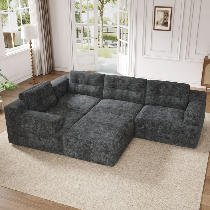 Ecksofa 252 x 180 x 82 cm in Grau, modulares 5-Sitzer-Sofa aus Chenille mit Hocker und rahmenlosem Vollschaumkomfort – Bild 2