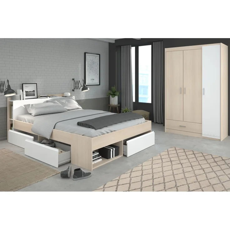 Jugendzimmer-Set >Most 72< Stauraumbett, Kleiderschrank, in Akazie Dekor / Weiß
