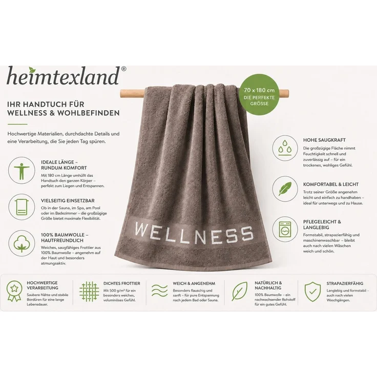 heimtexland Saunatuch Wellness Sauna Handtuch Badetuch Walkfrottier, Walkfrottee (Stück, 1-St), Jacquard Bordüre, weich und saugstark, Duschtuch, 70x180 cm – Bild 4