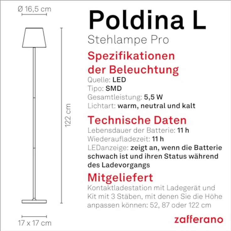 Zafferano, Poldina Lampe L, Kabellose, Wiederaufladbare Stehlampe mit Touch Control, Geeignet für Wohnzimmer und Außenbereich, Dimmer, 2200-3000 K, Höhenverstellbar 52-122 cm, Farbe Weiß – Bild 5