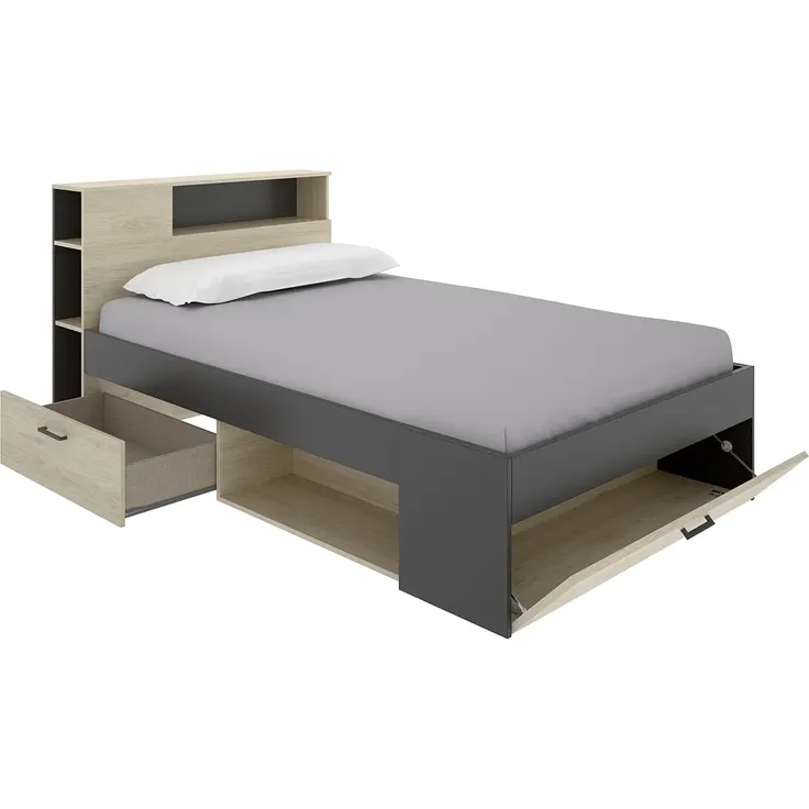 Vente-unique - LEANDRE Bett Holz, Platte GrauBeige - B 129,6 cm x H 95 cm x L 217,3 cm – Bild 5