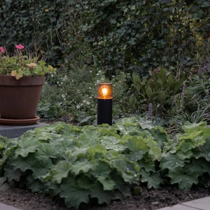 Qazqa Odense, Moderne Pollerleuchte für den Garten, schwarz mit Rauchglas, max. 15W, IP44, dimmbar, E27 Fassung, 30cm – Bild 2