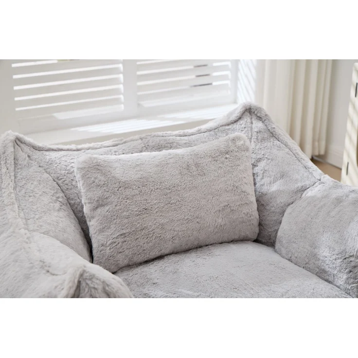Großer Sitzsack-Sessel mit Kunstfellbezug und Kissen, weicher Loungesitz mit Schaumstoffflocken ohne Montage für Wohnzimmer, Grau – Bild 22