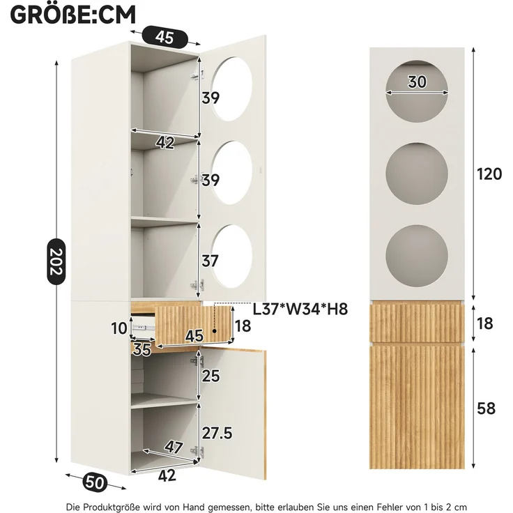 Hochschrank B 45 x T 50 x H 200 cm mit 2 Türen und Schublade in Hellgrau und Eichenoptik – Bild 5