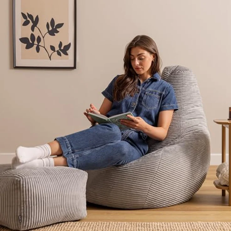 Icon Dalton XXL Sitzsack Cord mit Hocker, Grau, Gaming Sitzsack Erwachsene mit Füllung, Bean Bag, Cord Sessel, Lounge Sessel, Lounge Stuhl, Schlafzimmer, Wohnzimmer, Wohnzimmer Möbel – Bild 3