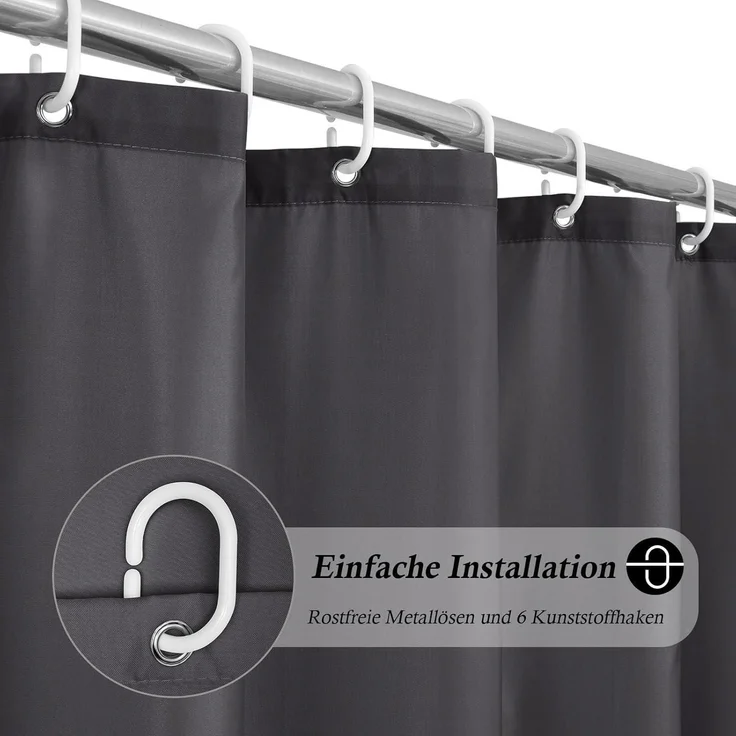 Schmaler Duschvorhang 100x200 Grau Textil Stoff Wasserdicht 6 Ringe – Bild 2
