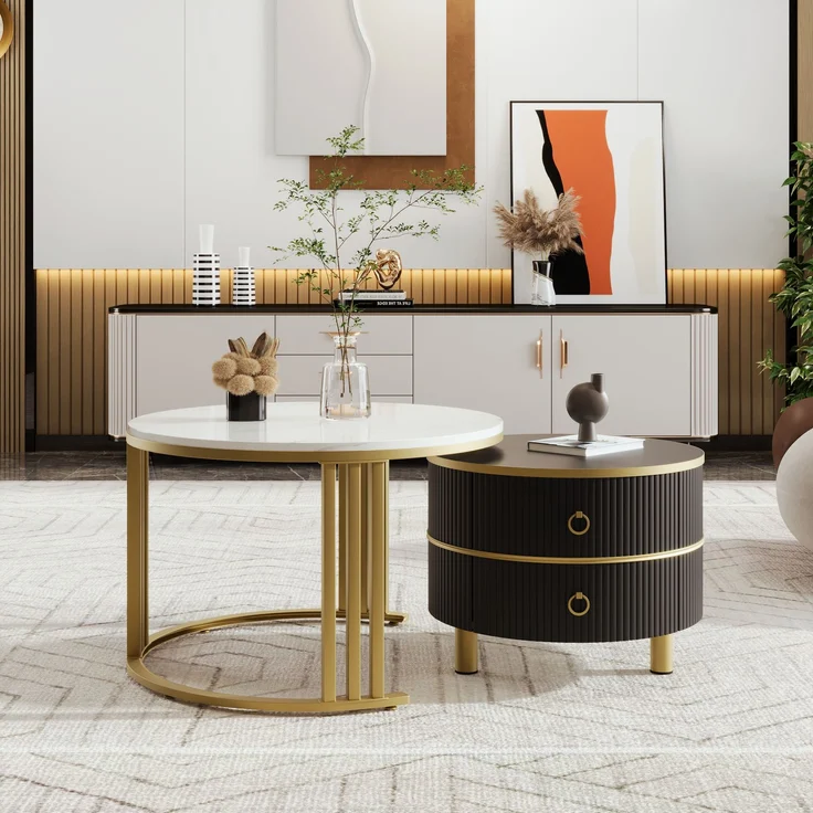 Couchtisch 2-teilig Set rund mit Marmormuster Gold und Schwarz Hochglanz Tischplatte mit Schubladen Stauraum – Bild 1