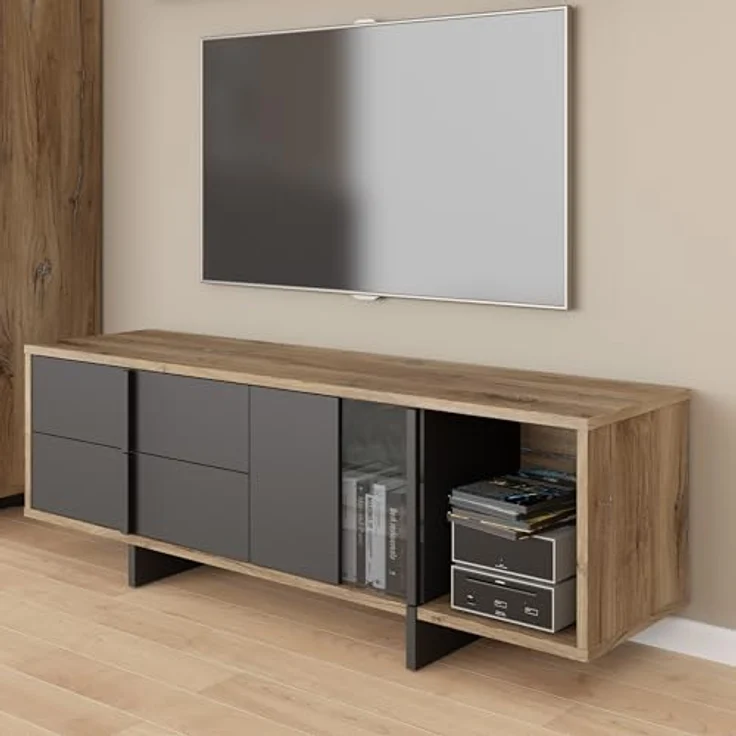 Forte JOKKAZ TV-Schrank 160, TV-Lowboard, 1 Tür, 2 Schubladen, Wohnzimmer, Holzwerkstoff, Flagstaff Eiche Holzdekor/Schwarz, 159,6 cm breit x 53,7 cm hoch x 42,0 cm tief – Bild 2