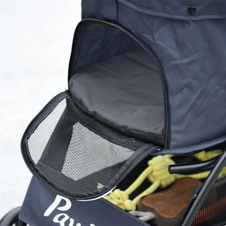 PawHut Hundebuggy mit Kissen, 4 Rädern, Netzfenster, Stauraum, (Hundewagen, 1-tlg), für kleine Hunde, Katzen, 600D Oxford, Marineblau – Bild 10