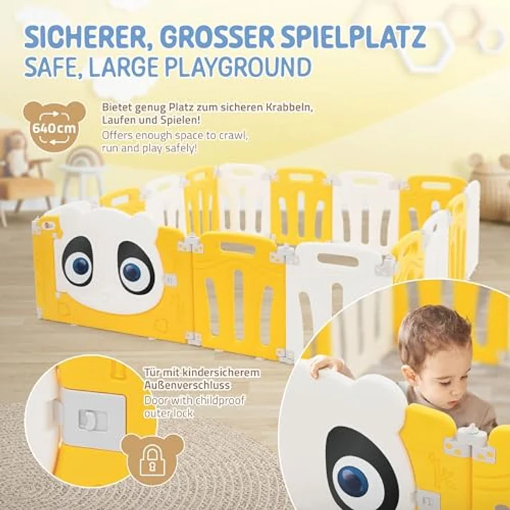 Joyz Laufstall Baby 160×160 cm, Laufgitter faltbar, Panda-Design, Weiß-Gelb, Absperrgitter mit Tür und Lernuhr, Playpen aus Kunststoff, Babyzaun, Kinderlaufstall Innen/Außen, Krabbelgitter für Kinder – Bild 6