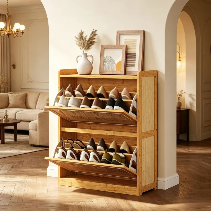 ZUBALIYA Schuhschrank (69 x 29 x 83 cm), Verstellbare Einlegeböden, Herausnehmbare Einlegeböden, Aus Bambus, Naturfarben – Bild 2