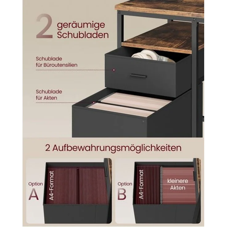 VASAGLE Computertisch, Bürotisch, Schreibtisch, mit 3 Ablagen, 2 Schubladen, 60 x 160 x 76 cm, fürs Büro, Wohnzimmer, moderner Stil, vintagebraun-schwarz – Bild 3