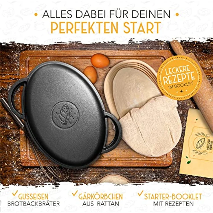 Krustenzauber Brotbackform 34cm Gusseisen Bräter mit Deckel backofengeeignet inkl. Gärkorb, (ovaler Gusseisen Topf Brot Backen - Ideal als Ofenform), Bräter Induktion, Brotbacktopf, Brot Backen Zubehör – Bild 4