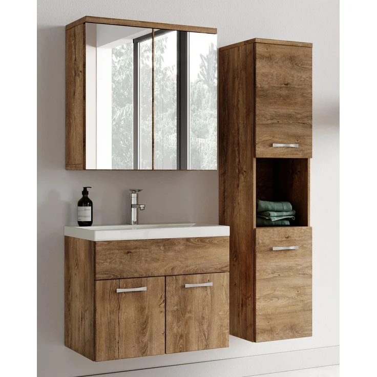 Badplaats Badmöbel Komplettset Montreal 60x35 cm Braun Eiche - Badezimmermöbel mit Waschbecken, Spiegelschrank und Badezimmerschrank – Bild 2