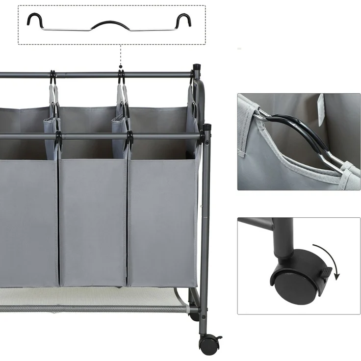 Songmics Wäschesammler auf Rollen mit 4 Fächern, Polyester Schwarz, 67/81 x 87,5 x 38,5 cm – Bild 7