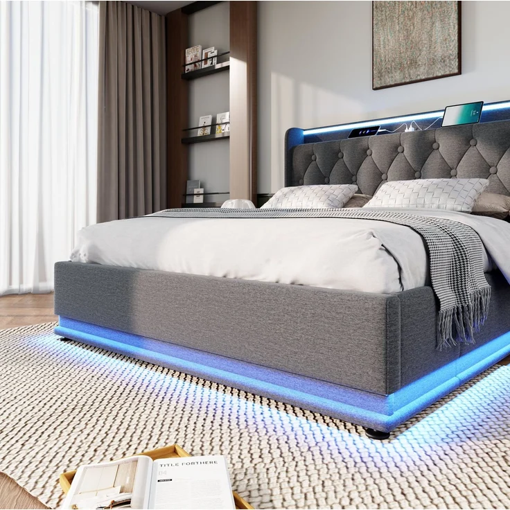 Polsterbett mit LED, USB-Anschluss & Stauraum, 140x190 cm, Grau, ohne Matratze – Bild 9