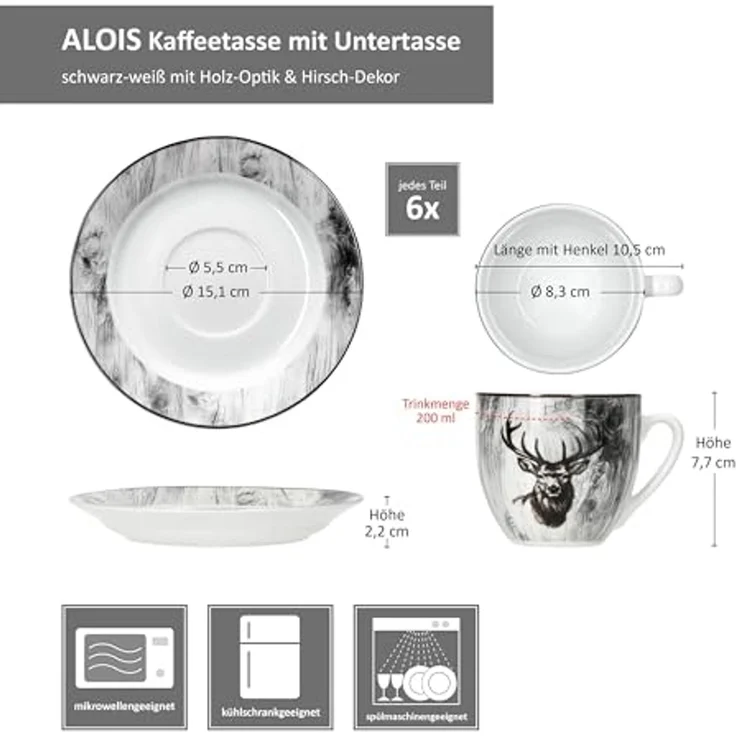 MamboCat Tasse 6er Set Alois Kaffeetassen mit Untertassen 6 Personen Porzellan Hirsch, Porzellan – Bild 6