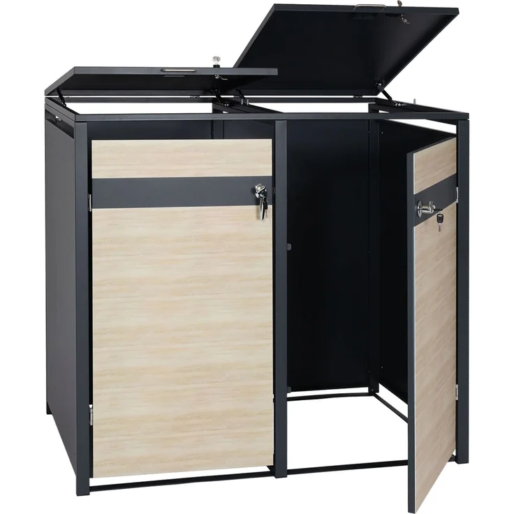2er Mülltonnenverkleidung HWC-J82, Mülltonnenbox, erweiterbar, Metall 50kg, anthrazit ~ Buche-Holzoptik hellbraun – Bild 4