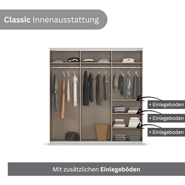 Rauch Möbel Kulmbach, Kleiderschrank mit Schwebetüren für Schlafzimmer, Kinderzimmer, Jugendzimmer, Garderobe, Flur, 3-türig, mit Spiegel, Zubehör Classic, Farbe Beige, Breite 203 cm – Bild 7