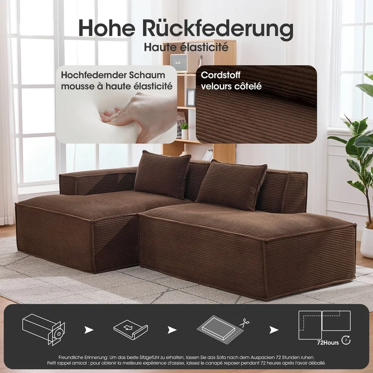 LVHOM Ecksofa 2 Sitzer, Modulares Sofa 235 cm breit, L-Form Sofa mit 2 Kissen, Schlafsofa aus Cordstoff, kein Aufbau erforderlich, Braun – Bild 4