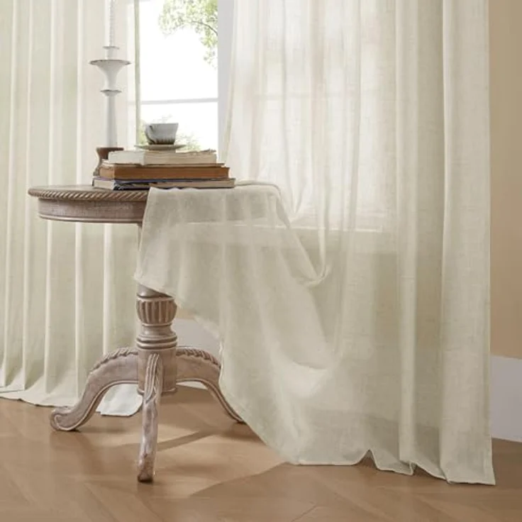 Joydeco Halbtransparente Vorhänge für Wohnzimmer, Leinen-Vorhänge, 244 cm Länge, 2 Paneele, Set für Schlafzimmer, weiße Vorhänge, 244 cm Lange Stangentaschen, Schlaufen auf der Rückseite (L x B): 244 – Bild 5