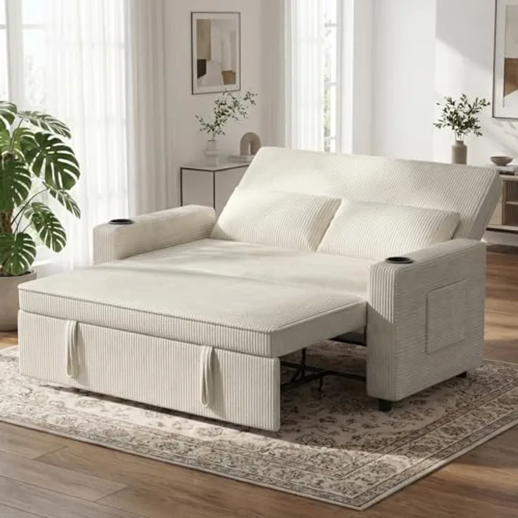 JUMMICO Schlafsofa 2 Sitzer klein Sofa mit Schlaffunktion Schlafcouch Ausziehbar mit Kissen Couch Cord-Bezug mit Getränkehalter Klappsofa Für Wohnzimmer Schlafzimmer,75 x 160 x 100 cm,Grau