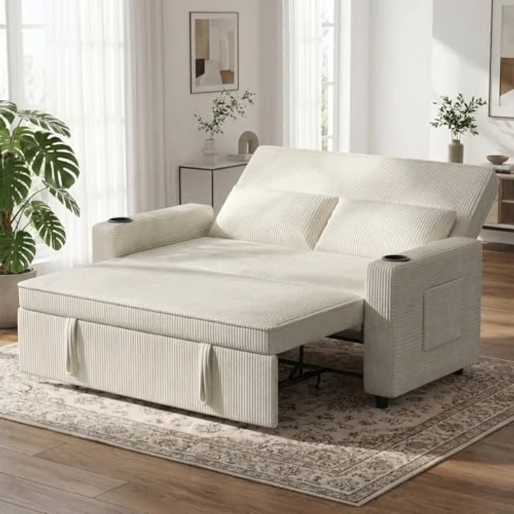 JUMMICO Schlafsofa 2 Sitzer klein Sofa mit Schlaffunktion Schlafcouch Ausziehbar mit Kissen Couch Cord-Bezug mit Getränkehalter Klappsofa Für Wohnzimmer Schlafzimmer,75 x 160 x 100 cm,Grau – Bild 1