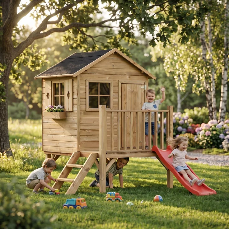 Kinderspielhaus mit Rutsche und Leiter Spielhaus Holz-Gartenhaus #3991 – Bild 2